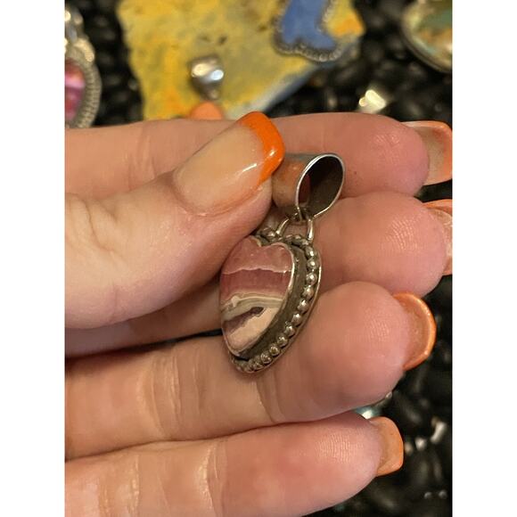 Sterling Silver Signed Pink💗Rhodochrosite Heart Pendant Rhodonite Beauty - Picture 2 of 4